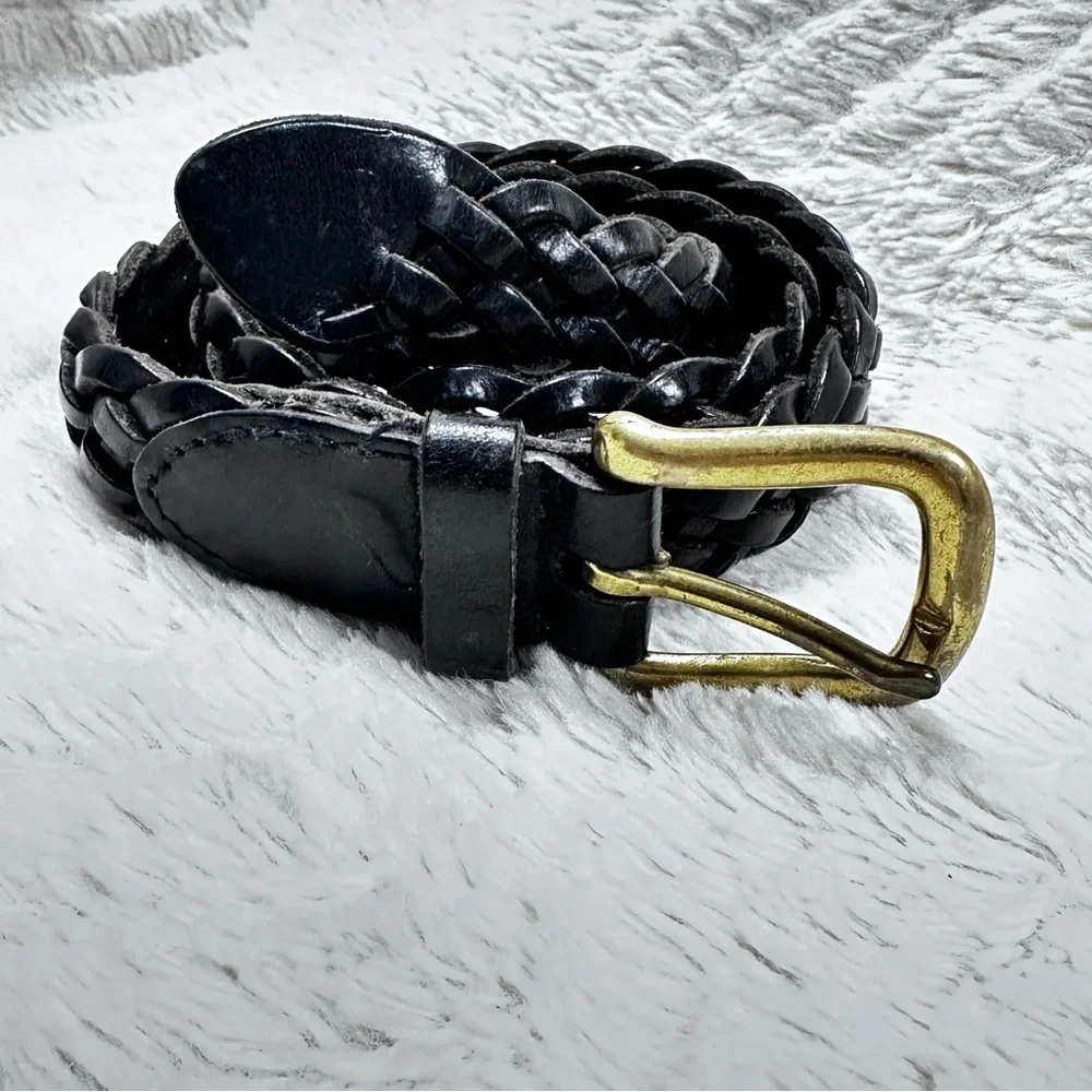 GAP Black Genuine Braided Leather  Belt Solid Brass Buckle, Adjustable EUC!